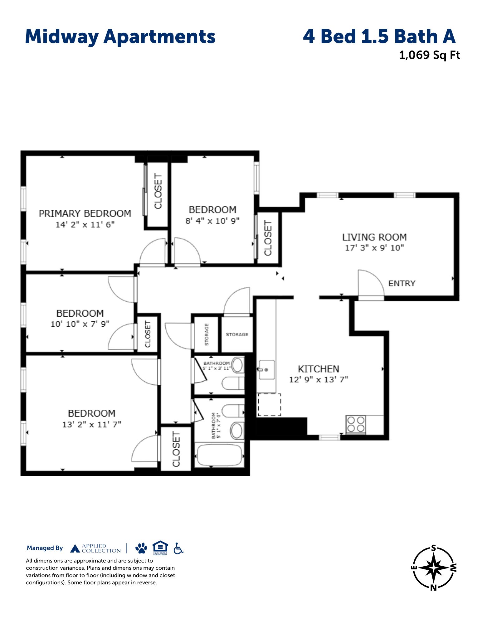Floor plan for 4 beds, 1.5 baths, 1069 sqft